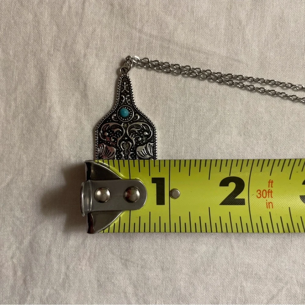 Silver Cow Tag Necklace with Faux Turquoise Stone